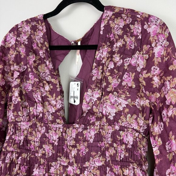 Free People Mini Dress Floral Long Sleeve Purple Boho Smocked Size Small NWT - Picture 6 of 10